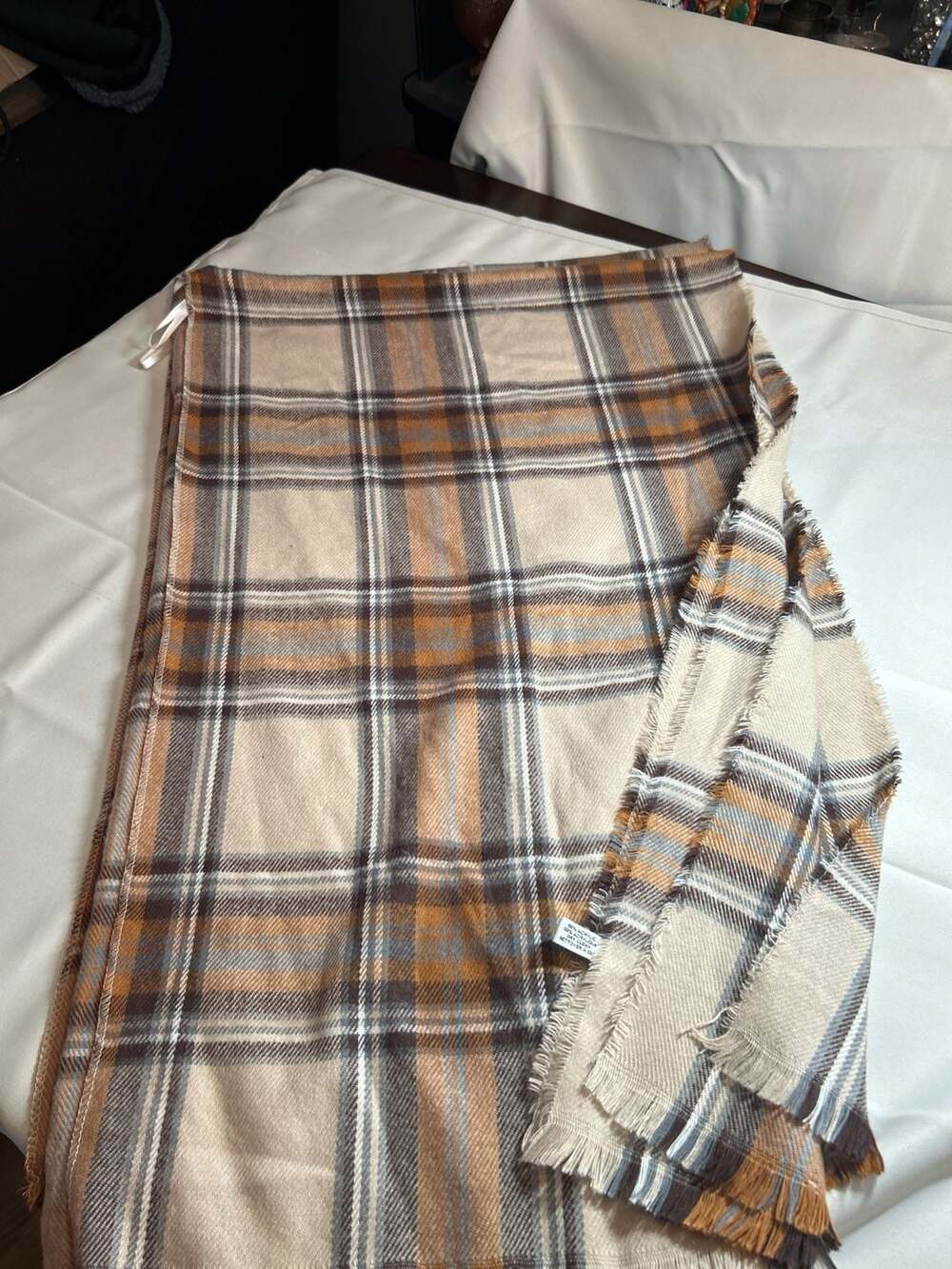 Quagga Tan and Brown Plaid Blanket Scarf with Frayed Edges One Size